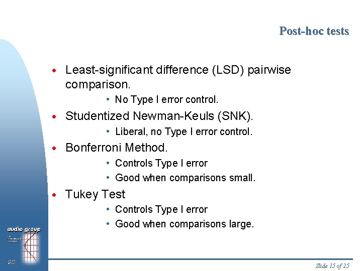 Post-hoc tests · Least-significant difference (LSD) pairwise comparison. • No Type I error control.