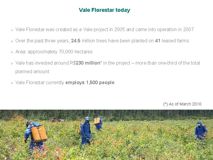 Vale Florestar today Ø Vale Florestar was created as a Vale project in 2005