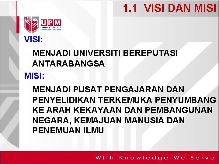 1. 1 VISI DAN MISI VISI: MENJADI UNIVERSITI BEREPUTASI ANTARABANGSA MISI: MENJADI PUSAT PENGAJARAN