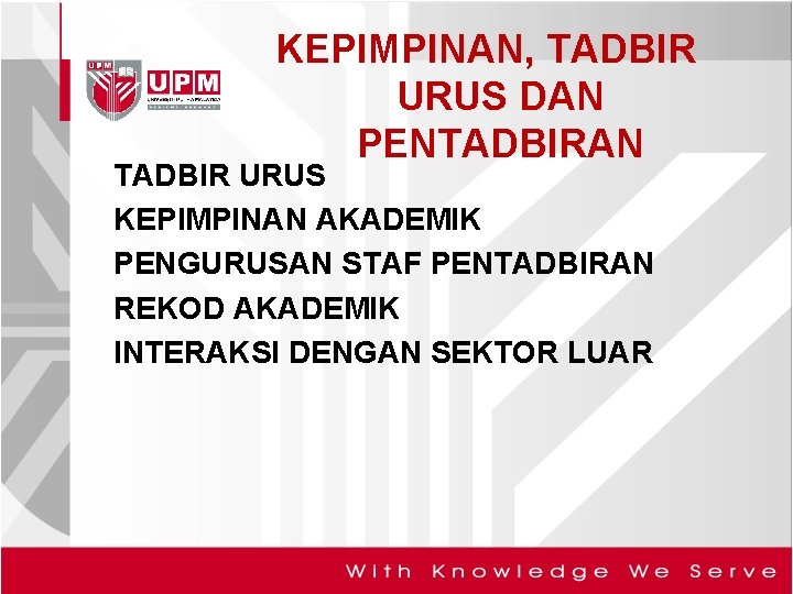 KEPIMPINAN, TADBIR URUS DAN PENTADBIRAN TADBIR URUS KEPIMPINAN AKADEMIK PENGURUSAN STAF PENTADBIRAN REKOD AKADEMIK