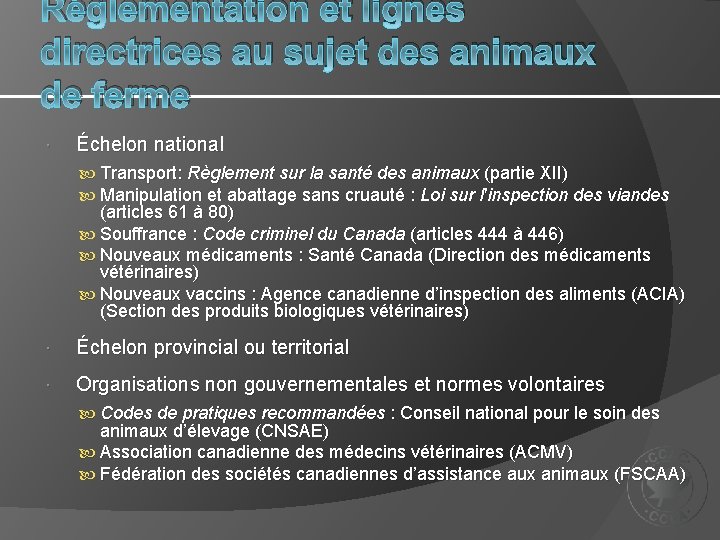 Réglementation et lignes directrices au sujet des animaux de ferme Échelon national Transport: Règlement