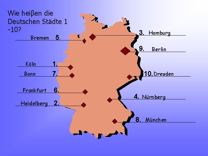 Wie heiβen die Deutschen Städte 1 -10? Bremen 5. Köln Bonn 3. Hamburg 9.