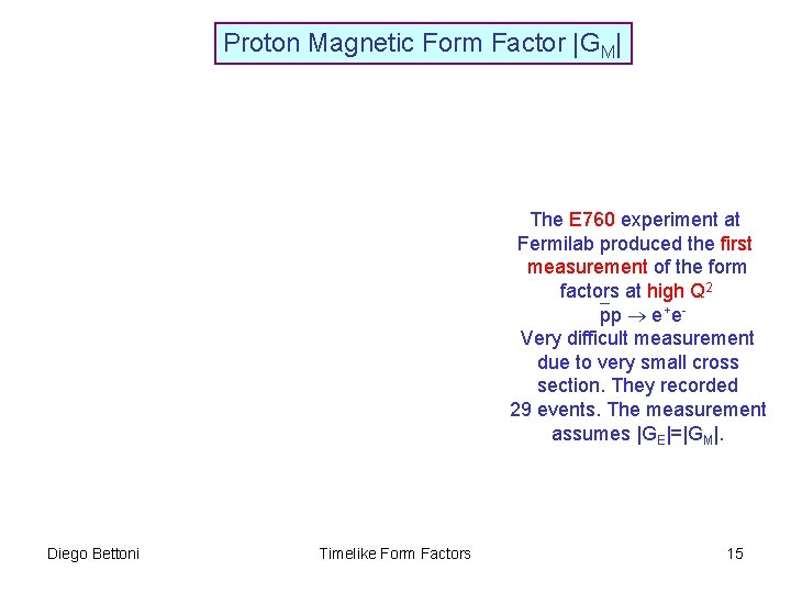 Proton Magnetic Form Factor |GM| The E 760 experiment at Fermilab produced the first