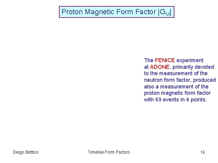 Proton Magnetic Form Factor |GM| The FENICE experiment at ADONE, primarily devoted to the