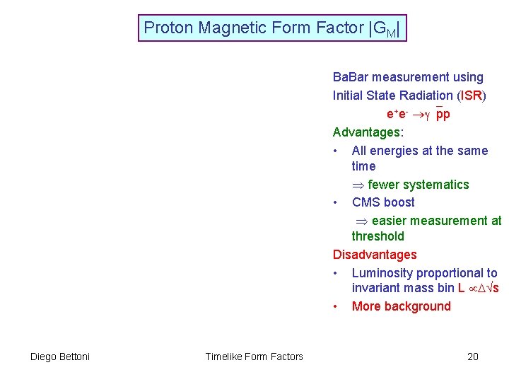 Proton Magnetic Form Factor |GM| Ba. Bar measurement using Initial State Radiation (ISR) e+e-