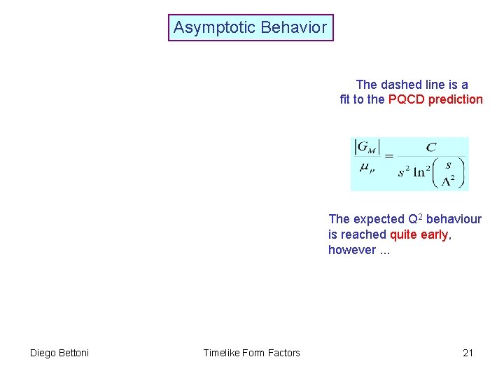 Asymptotic Behavior The dashed line is a fit to the PQCD prediction The expected