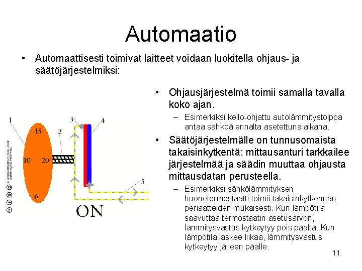 Automaatio • Automaattisesti toimivat laitteet voidaan luokitella ohjaus- ja säätöjärjestelmiksi: • Ohjausjärjestelmä toimii samalla