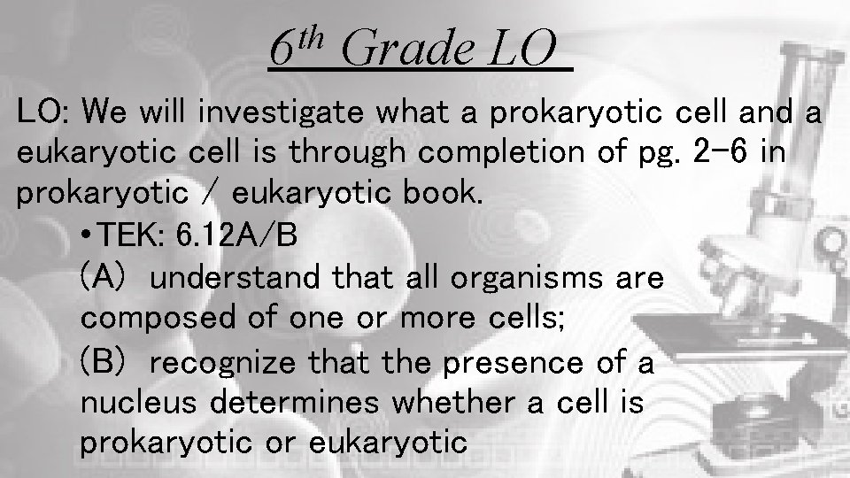 th 6 Grade LO LO: We will investigate what a prokaryotic cell and a