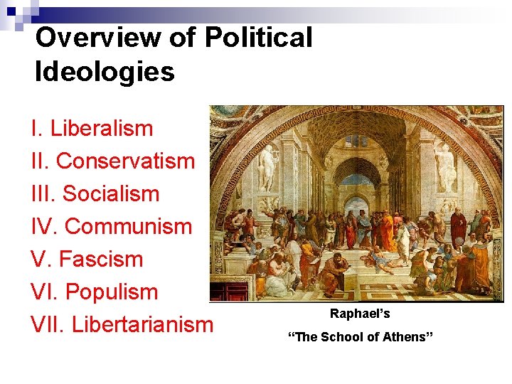 Overview of Political Ideologies I. Liberalism II. Conservatism III. Socialism IV. Communism V. Fascism