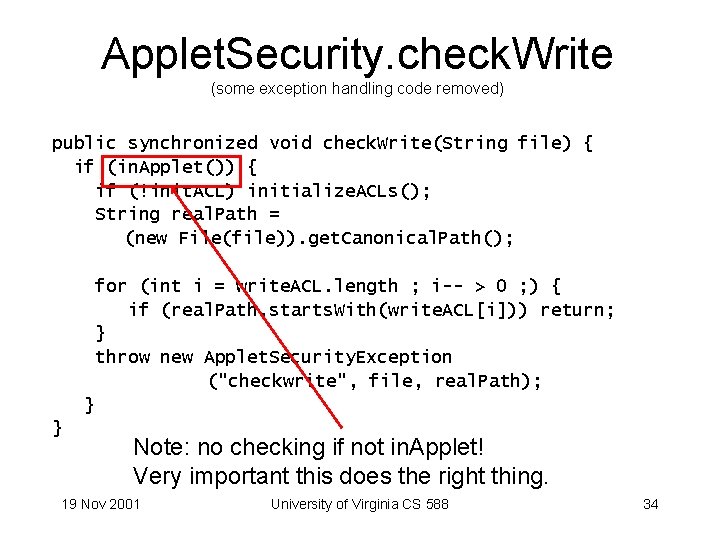 Applet. Security. check. Write (some exception handling code removed) public synchronized void check. Write(String