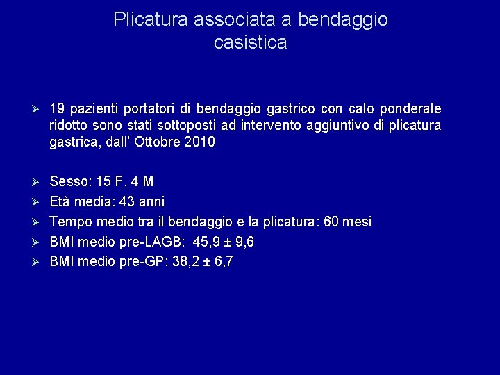 Plicatura associata a bendaggio casistica Ø 19 pazienti portatori di bendaggio gastrico con calo