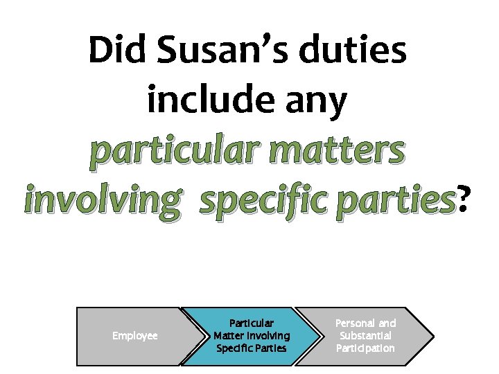 Did Susan’s duties include any particular matters involving specific parties? parties Employee Particular Matter