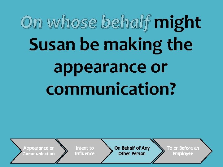On whose behalf might Susan be making the appearance or communication? Appearance or Communication