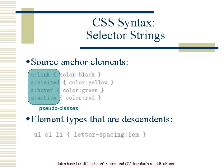 CSS Syntax: Selector Strings w. Source anchor elements: pseudo-classes w. Element types that are CSS Syntax: Selector Strings w. Source anchor elements: pseudo-classes w. Element types that are
