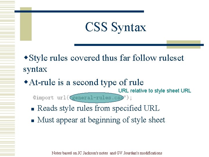 CSS Syntax w. Style rules covered thus far follow ruleset syntax w. At-rule is CSS Syntax w. Style rules covered thus far follow ruleset syntax w. At-rule is