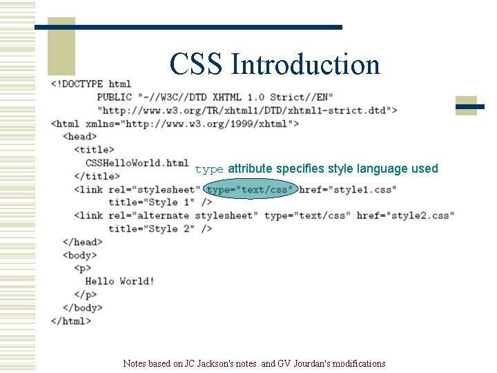 CSS Introduction type attribute specifies style language used Notes based on JC Jackson's notes CSS Introduction type attribute specifies style language used Notes based on JC Jackson's notes
