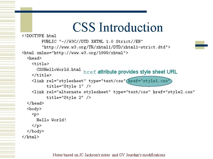 CSS Introduction href attribute provides style sheet URL Notes based on JC Jackson's notes CSS Introduction href attribute provides style sheet URL Notes based on JC Jackson's notes