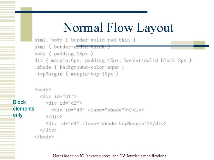 Normal Flow Layout Block elements only Notes based on JC Jackson's notes and GV Normal Flow Layout Block elements only Notes based on JC Jackson's notes and GV