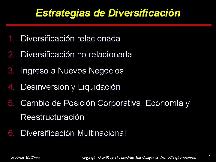 Estrategias de Diversificación 1. Diversificación relacionada 2. Diversificación no relacionada 3. Ingreso a Nuevos