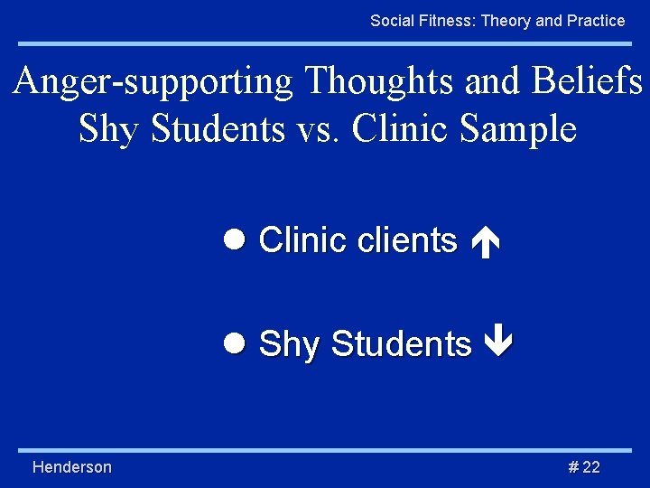 Social Fitness: Theory and Practice Anger-supporting Thoughts and Beliefs Shy Students vs. Clinic Sample