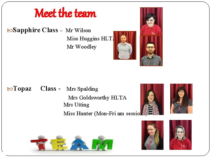 Meet the team Sapphire Class – Mr Wilson Miss Huggins HLTA Mr Woodley Topaz