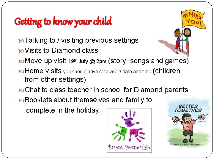 Getting to know your child Talking to / visiting previous settings Visits to Diamond