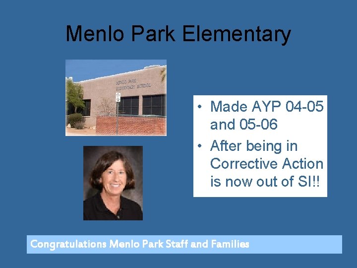 Menlo Park Elementary • Made AYP 04 -05 and 05 -06 • After being