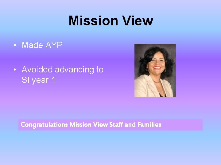 Mission View • Made AYP • Avoided advancing to SI year 1 Congratulations Mission