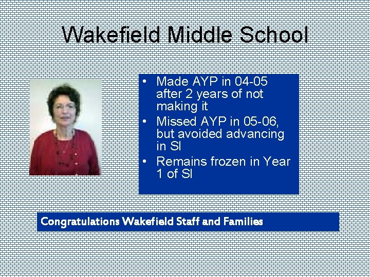 Wakefield Middle School • Made AYP in 04 -05 after 2 years of not