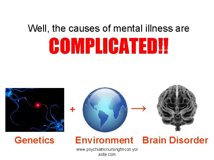 Well, the causes of mental illness are COMPLICATED!! + Genetics → Environment Brain Disorder