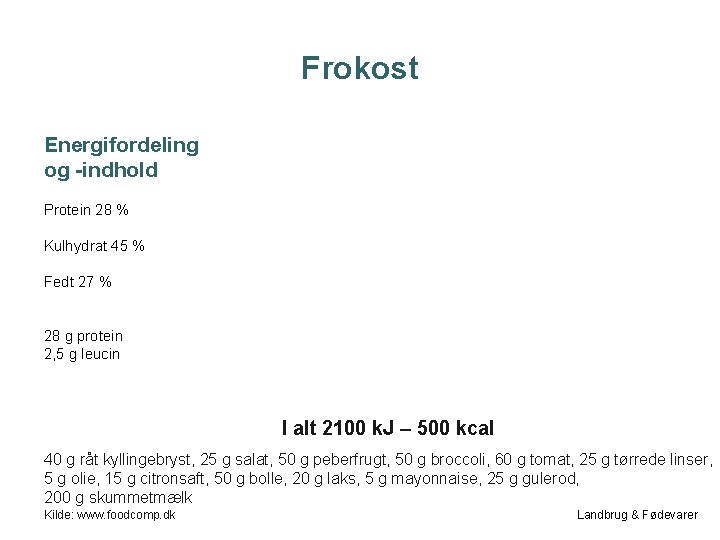 Frokost Energifordeling og -indhold Protein 28 % Kulhydrat 45 % Fedt 27 % 28