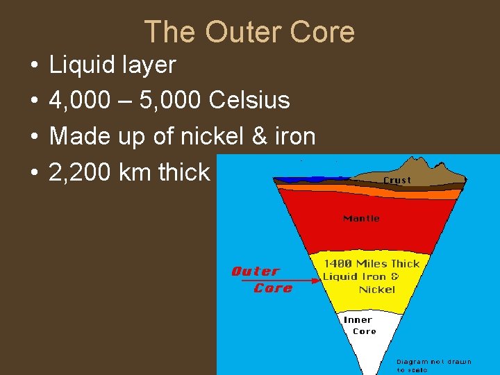 The Outer Core • • Liquid layer 4, 000 – 5, 000 Celsius Made