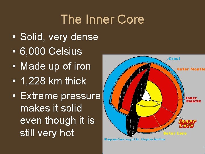 The Inner Core • • • Solid, very dense 6, 000 Celsius Made up