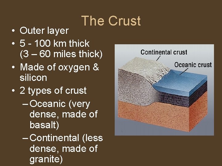 The Crust • Outer layer • 5 - 100 km thick (3 – 60