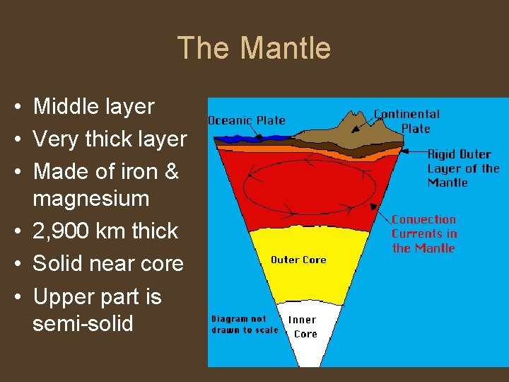 The Mantle • Middle layer • Very thick layer • Made of iron &