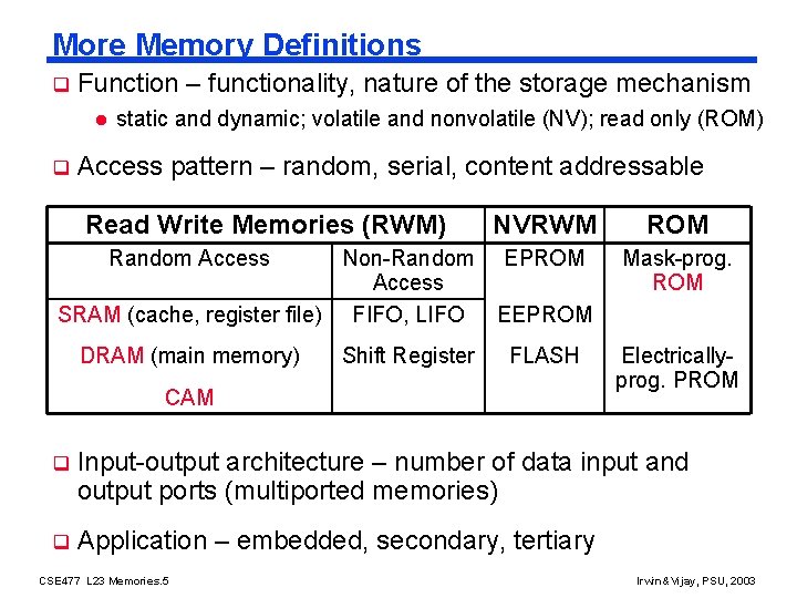 More Memory Definitions q Function – functionality, nature of the storage mechanism l q