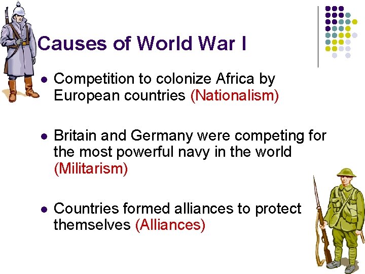 Causes of World War I l Competition to colonize Africa by European countries (Nationalism)