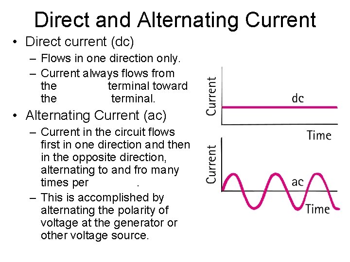 Direct and Alternating Current • Direct current (dc) – Flows in one direction only.
