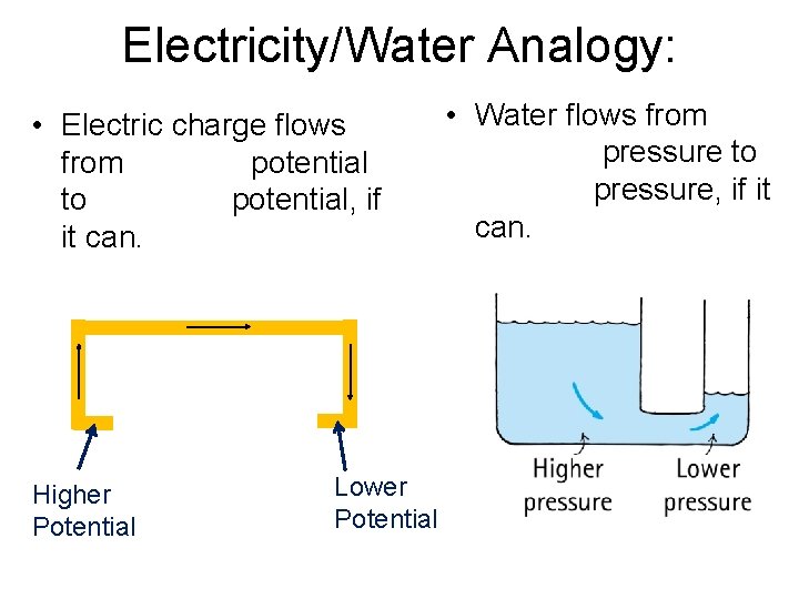 Electricity/Water Analogy: • Electric charge flows from potential to potential, if it can. Higher