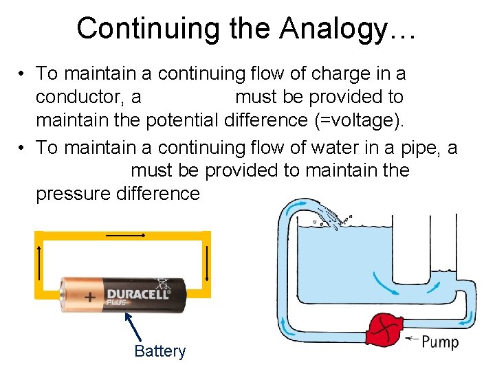 Continuing the Analogy… • To maintain a continuing flow of charge in a conductor,