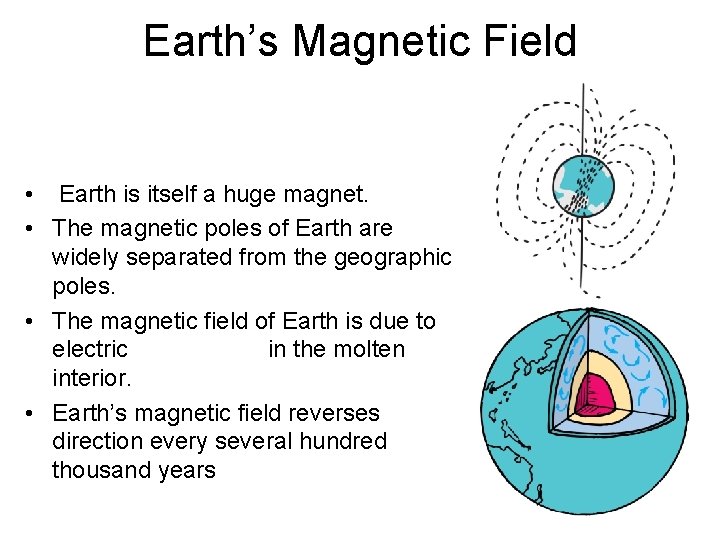 Earth’s Magnetic Field • Earth is itself a huge magnet. • The magnetic poles