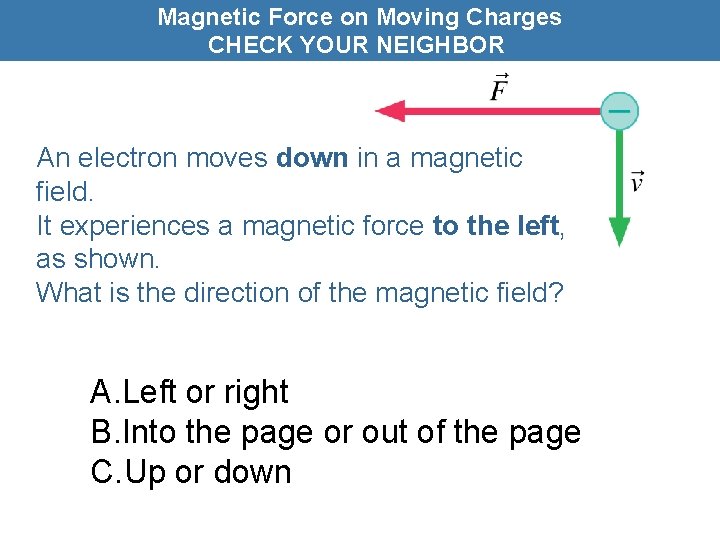 Magnetic Force on Moving Charges CHECK YOUR NEIGHBOR An electron moves down in a
