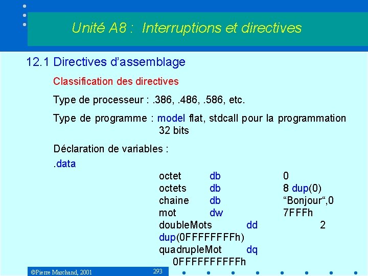 Unité A 8 : Interruptions et directives 12. 1 Directives d’assemblage Classification des directives