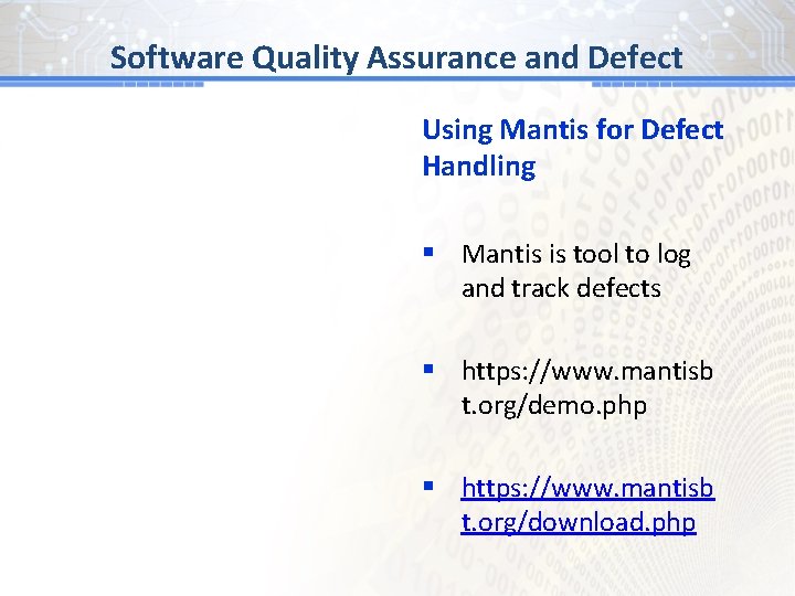 #1 Software Quality. BG Assurance and Defect Using Mantis for Defect Handling § Mantis