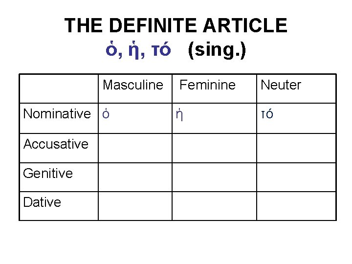 THE DEFINITE ARTICLE ὁ, ἡ, τό (sing. ) Masculine Nominative ὁ Accusative Genitive Dative