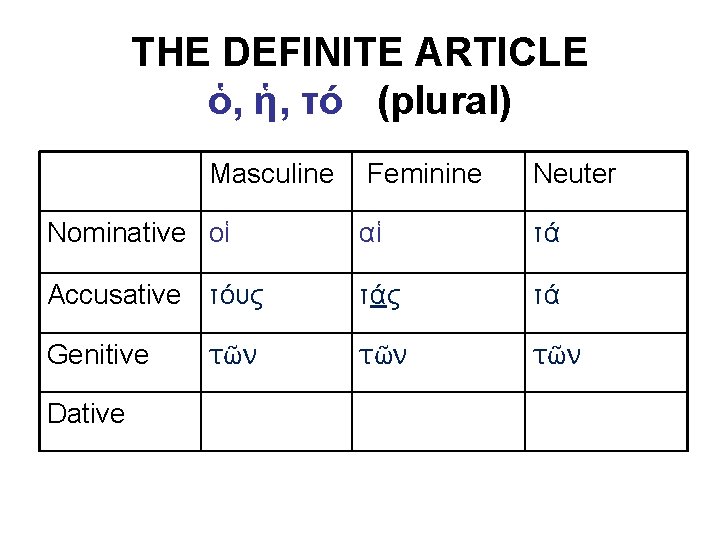 THE DEFINITE ARTICLE ὁ, ἡ, τό (plural) Masculine Feminine Neuter Nominative οἱ αἱ τά