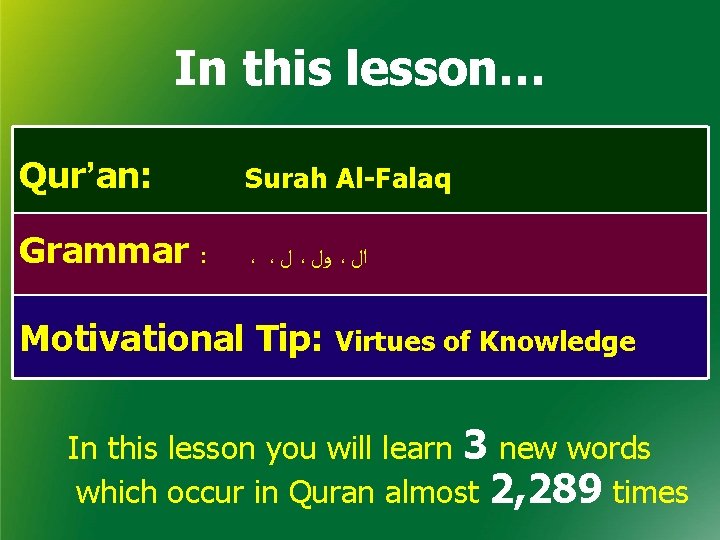 In this lesson… Qur’an: Surah Al-Falaq Grammar : ، ، ﻝ ، ﻭﻝ ،