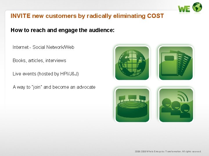 INVITE new customers by radically eliminating COST How to reach and engage the audience: