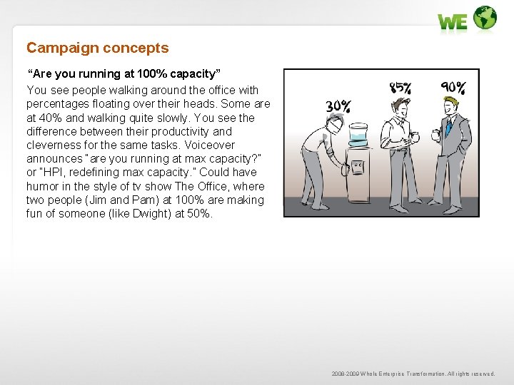 Campaign concepts “Are you running at 100% capacity” You see people walking around the