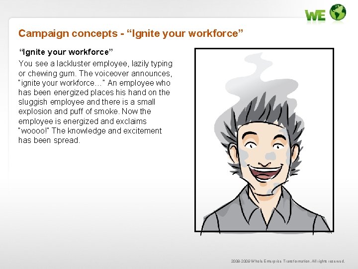 Campaign concepts - “Ignite your workforce” You see a lackluster employee, lazily typing or